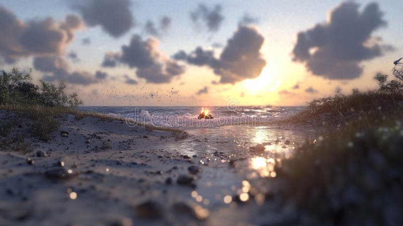 A glowing campfire sits on a serene beach, where softly illuminated waves and floating embers abound stock photography