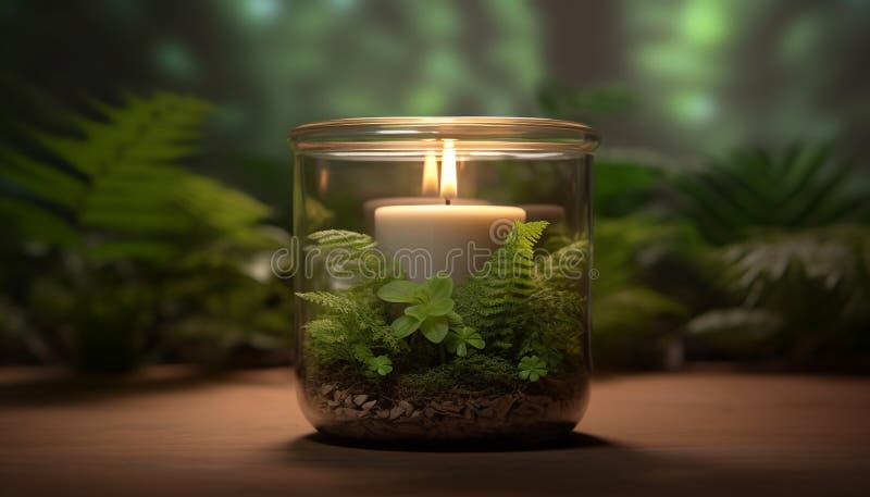 A glowing candle illuminates a tranquil scene of nature freshness generated by AI