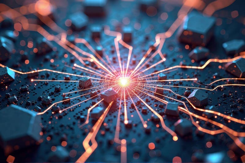 Glowing central circuit node with blue and orange network pathways in digital landscape vector illustration