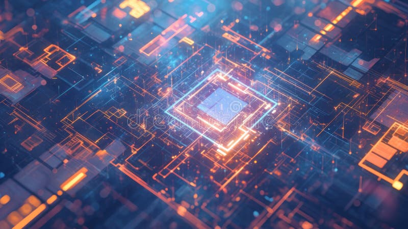 A glowing central processing unit surrounded by complex circuitry, representing the heart of a powerful technological system stock illustration