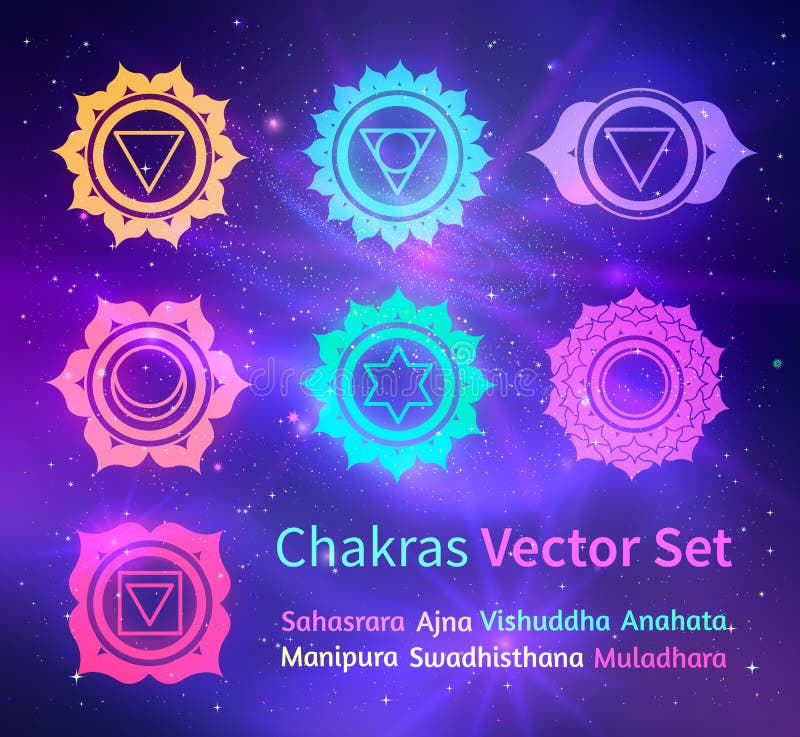 Glowing chakras on space background royalty free illustration