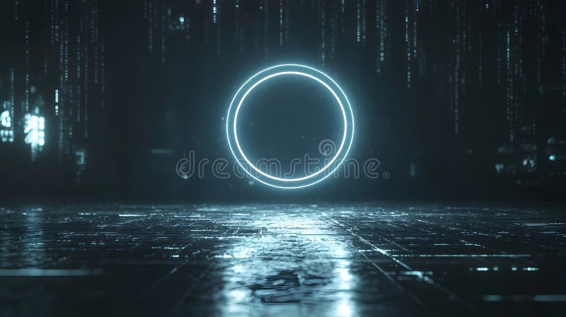 Glowing Circle in a Floating Digital Environment stock illustration