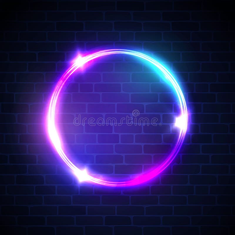 Glowing circle with neon lights on dark brick wall stock illustration
