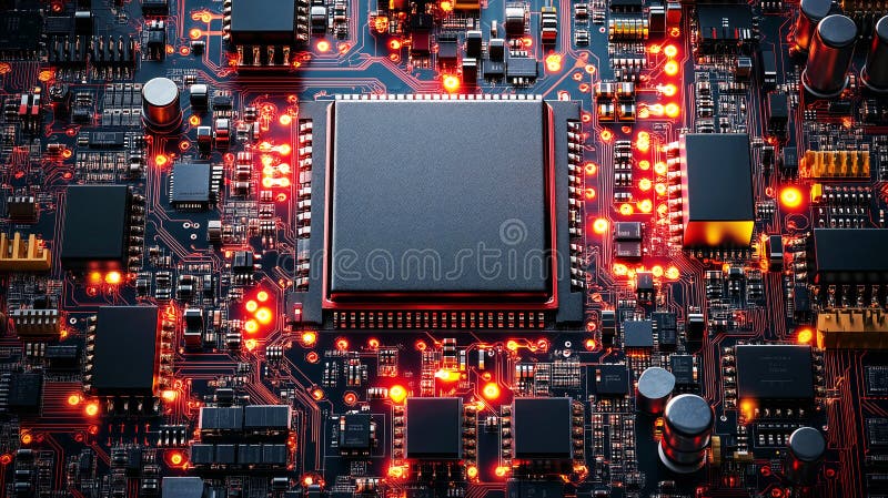 Glowing circuit board with intricate patterns and central microchip. ai generative stock illustration