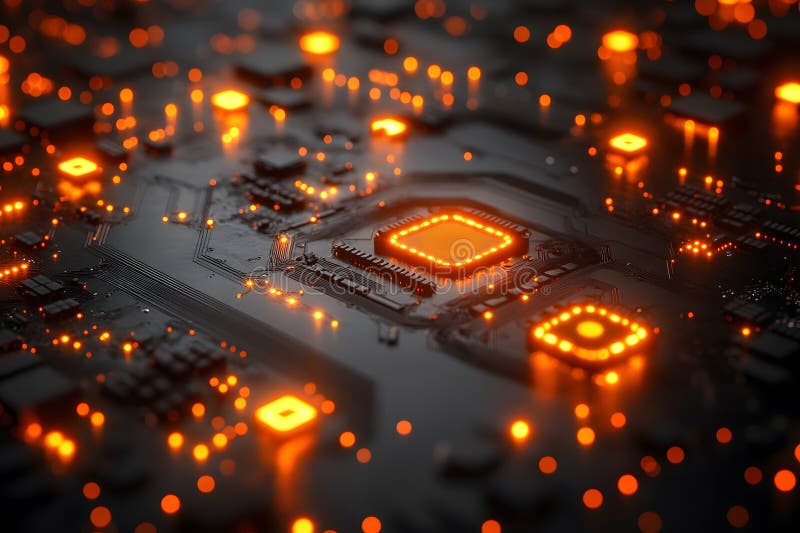 Glowing Circuit Board Technology Concept for Digital Innovation and Design Generative AI. A close-up view of a circuit board illuminated with orange lights, symbolizing modern technology and digital innovation. the scene represents the intricate and essential role technology plays in modern electronics and computing. Generative AI