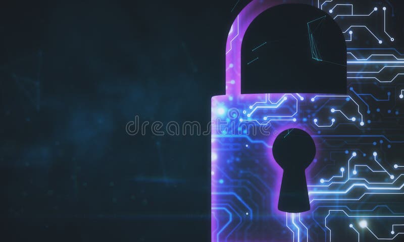 Glowing circuit lock on dark background royalty free illustration