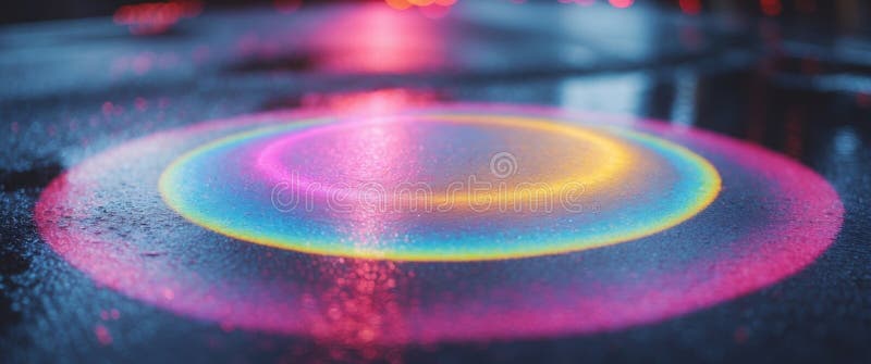 A glowing circular object reflecting colorful light on a road surface. Mirroring object stock images, royalty-free photos and pictures