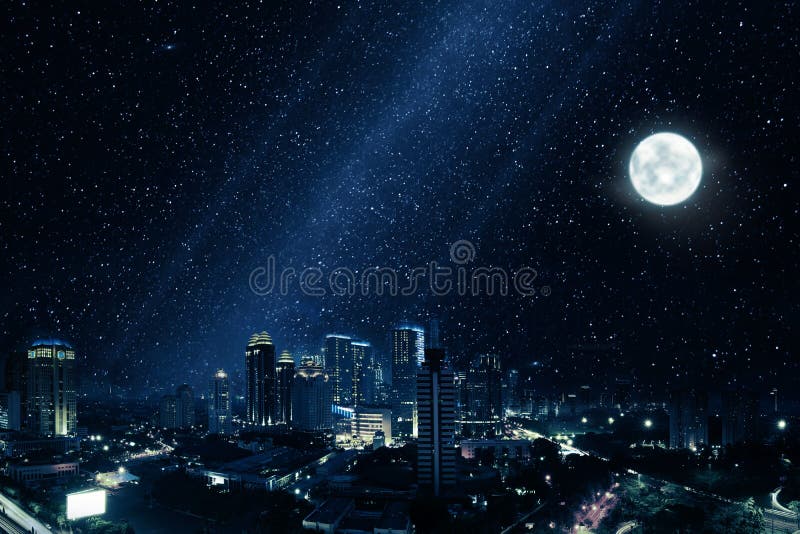 Glowing city with bright moon and many stars in sky royalty free stock image Glowing city with bright moon and many stars in sky royalty free stock image