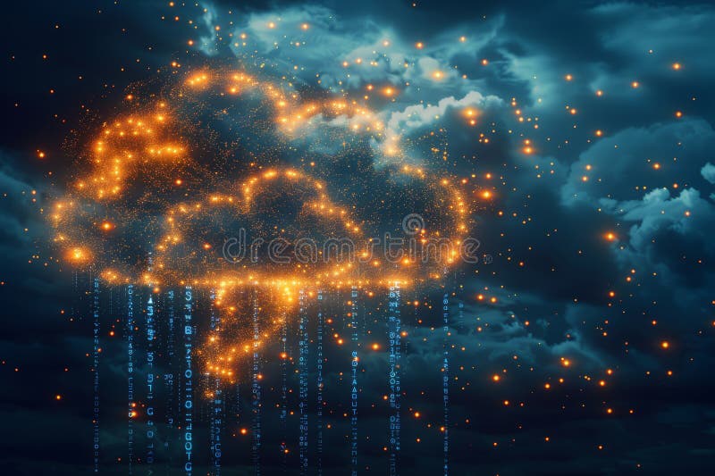Digital cloud illuminated by golden lights and binary rain against dark sky royalty free stock image