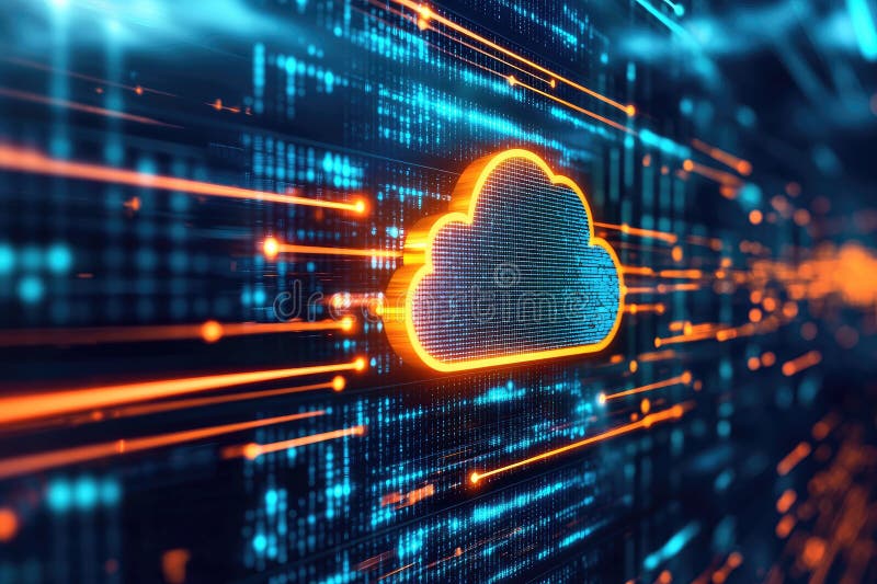 Glowing Cloud Icon in Center of Digital Network royalty free stock photography