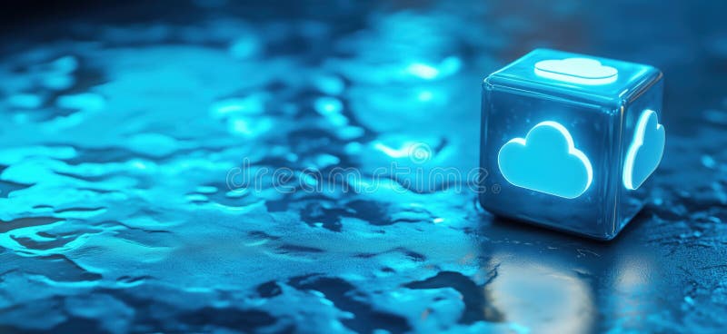 Glowing cloud icon cube on reflective surface, illuminated in blue light, showcasing modern technology and digital stock photos