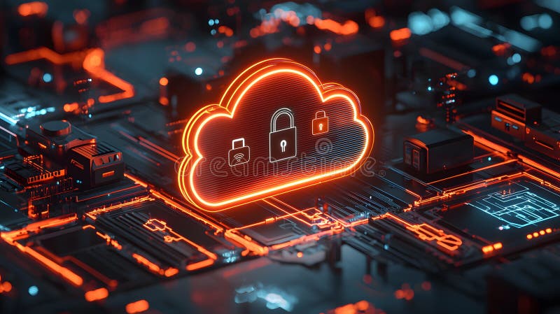 Glowing Cloud Security Icon Over Holographic Background royalty free illustration