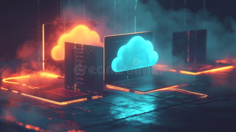 Glowing cloud storage icons in futuristic data room stock illustration