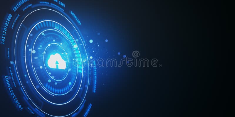 Glowing cloud upload icon with futuristic blue neon digital interface on dark background. 3D Rendering vector illustration