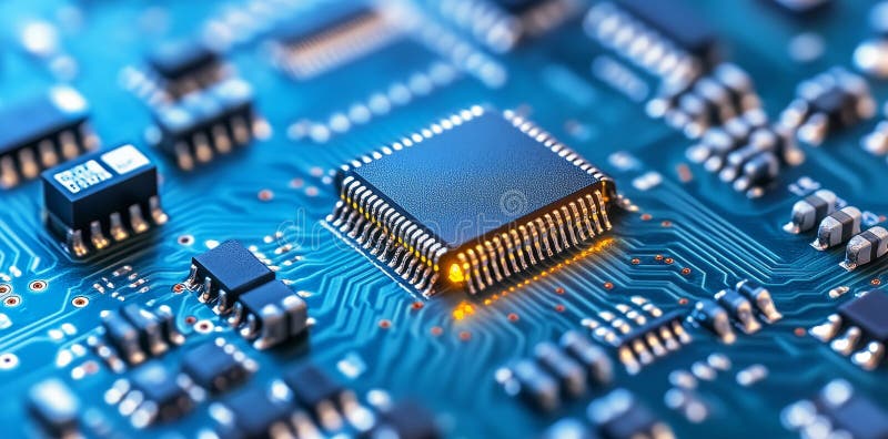 Glowing components on a high-tech circuit board demonstrate a perfect blend of intricate design and modern technology stock photography