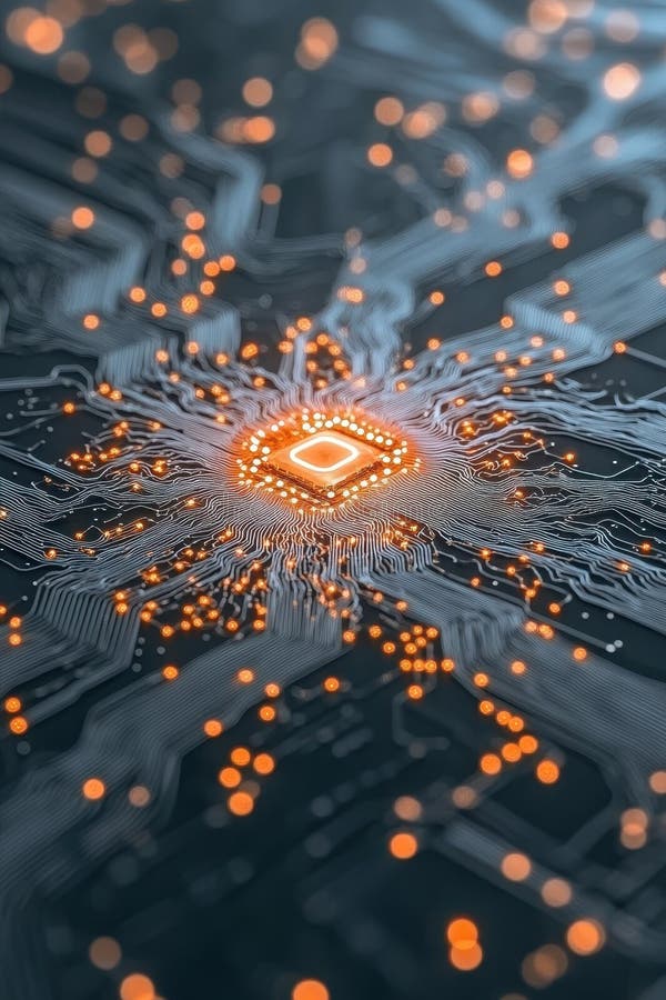 Glowing computer chip on dark surface with blurred lights. Digital network concept. Central processor connects data lines. Orange stock photo