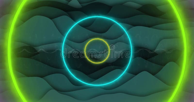 Glowing concentric circles and waves over abstract green and yellow image vector illustration