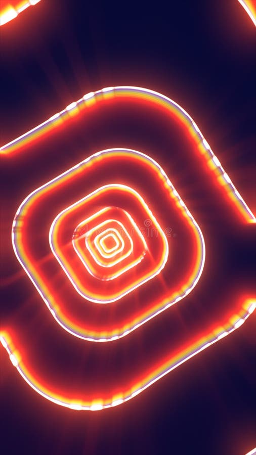 Glowing concentric neon orange-red squares forming a tunnel effect with radiant light beams royalty free stock photos