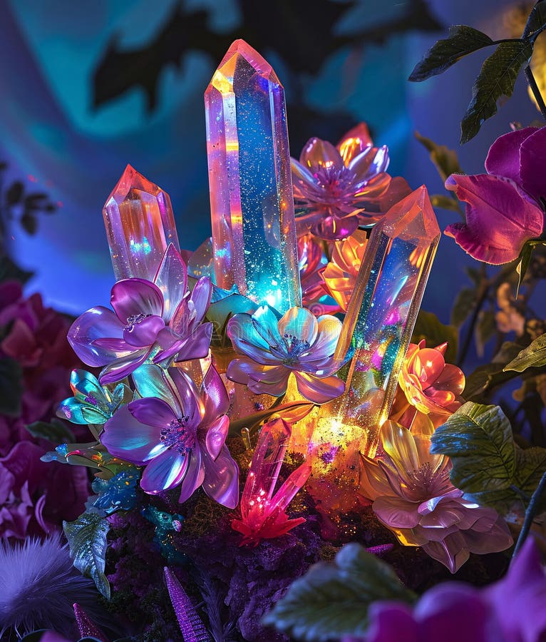 Glowing Crystal Garden Amidst Blooming Flowers, AI Generated Stock ...