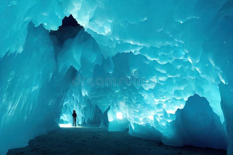 Glowing Crystal Ice Cave with Extreme Traveler. Stock Illustration Illustration of mountain
