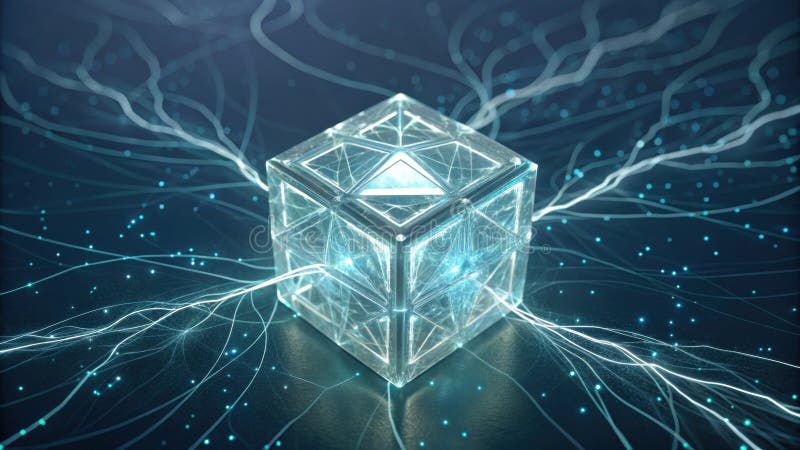 Complex network of digital lines connecting to a luminous cube, symbolizing data processing, artificial intelligence, or blockchain technology in a futuristic setting. Blockchain network analysis stock images, royalty-free photos and pictures