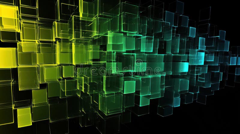 Glowing 3d abstract cubes in gradient colors on dark background stock photo
