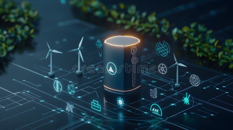 Glowing 3D Lithium Battery Surrounded by Energy Icons in a Futuristic Conceptual Setting royalty free illustration