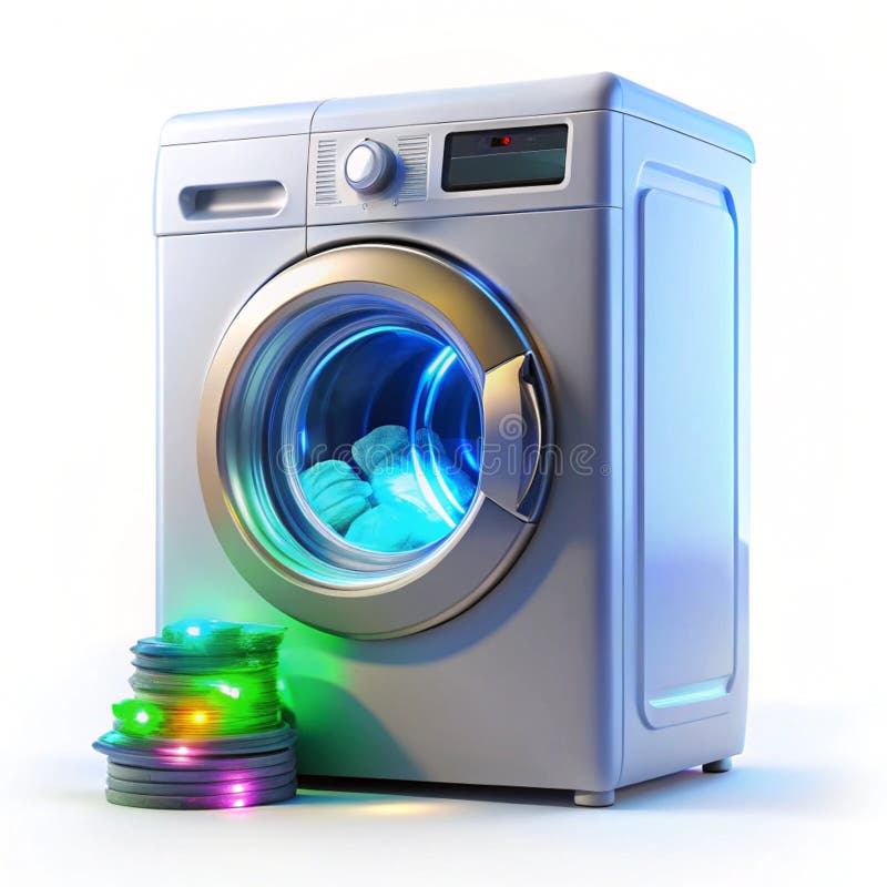 Glowing 3D washing machine with animated laundry items stock illustration