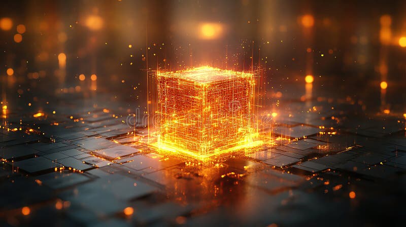 Glowing Data Cube: Abstract Data Cube with Flowing Light and Particles, Futuristic glowing digital cube design stock illustration