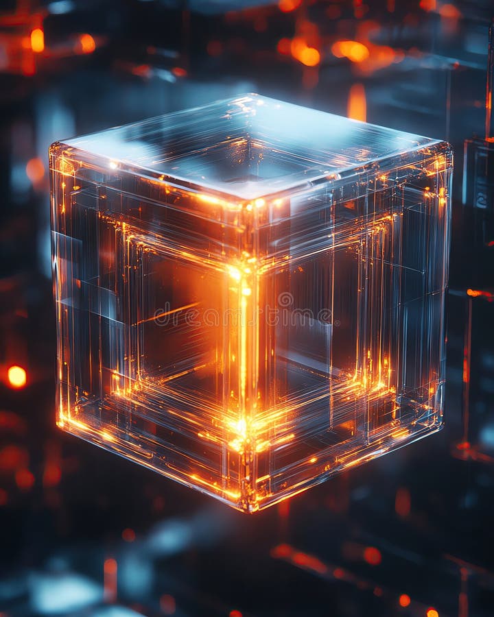 Glowing Data Cube: Abstract Data Cube with Internal Glow, futuristic glowing transparent cube design stock illustration