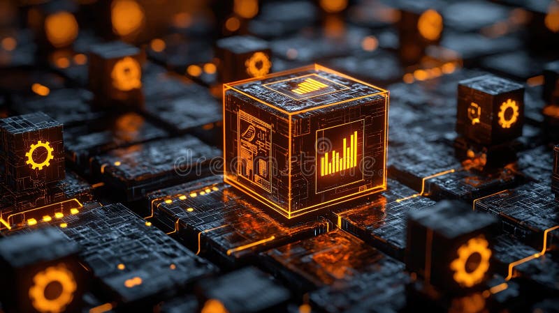 Glowing data cube on circuit board with network activity vector illustration