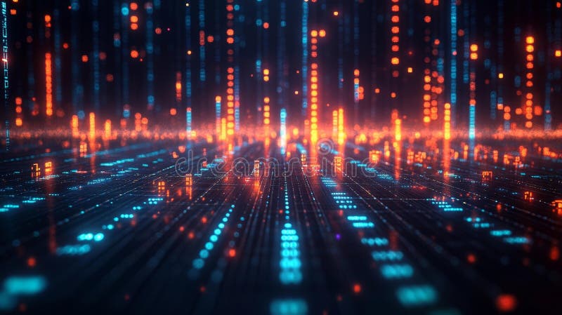 Glowing data stream with neon lines and digital code royalty free illustration