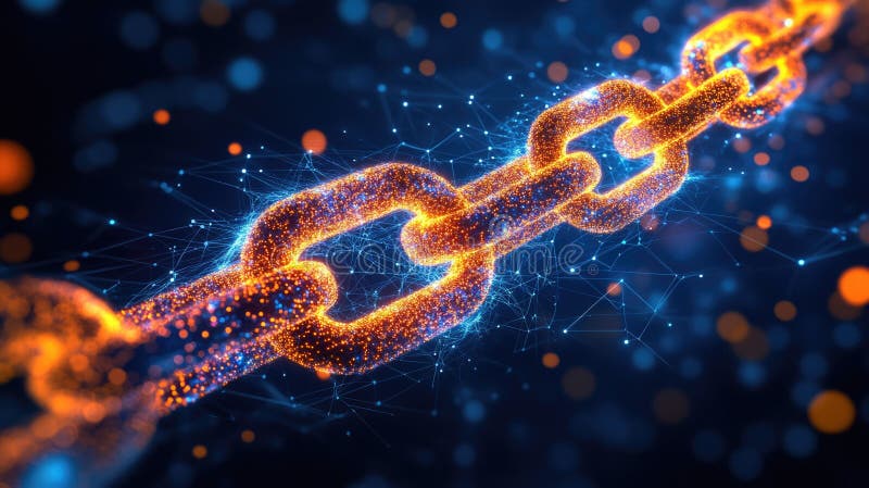 Glowing digital blockchain network concept with blue and orange highlights stock photos