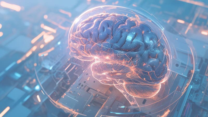 A glowing digital brain on a circuit board representing artificial intelligence and technology stock illustration