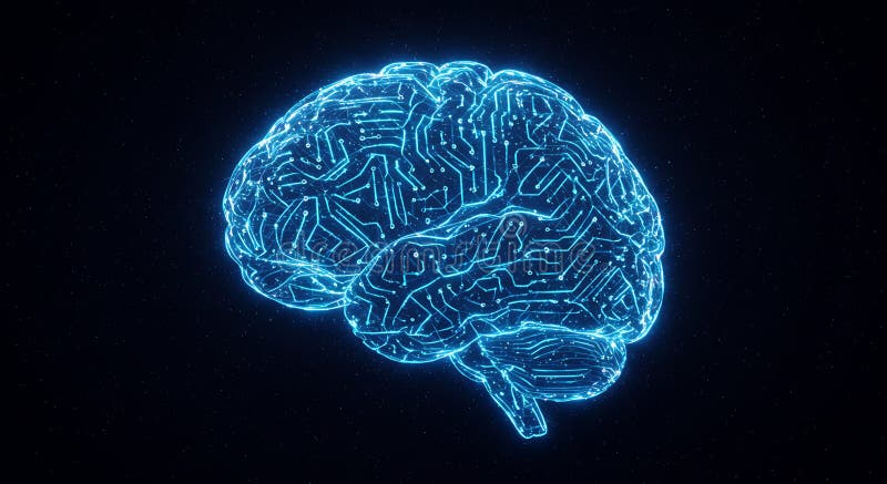 Glowing digital brain composed of intricate circuit patterns on a dark backgroun royalty free illustration