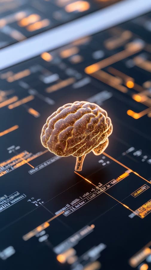 Glowing digital brain floats over futuristic interface, symbolizing AI and data processing vector illustration