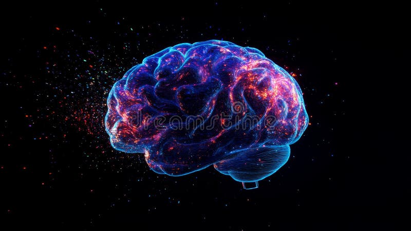Glowing digital brain with neural sparks in dark space stock illustration