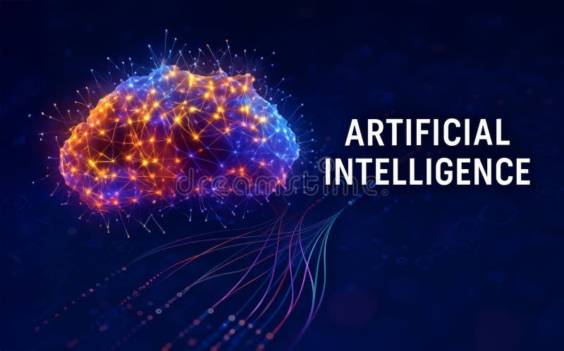 Glowing digital brain represents artificial intelligence and neural data flow vector illustration