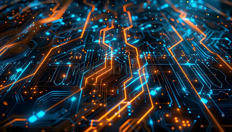 Glowing digital circuit board with dynamic lines. Cutting-edge tech concept royalty free illustration