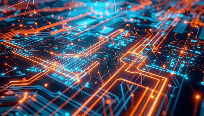 Glowing digital circuit board with dynamic lines. Cutting-edge technology backdrop vector illustration