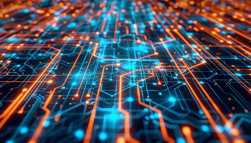 Glowing digital circuit board with futuristic lines. Cutting-edge tech concept stock illustration