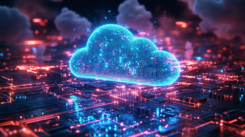 Futuristic Digital Cloud on Circuit Board Generative AI stock illustration