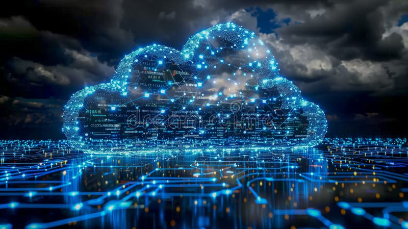 Glowing Digital Cloud Network with Data Connections stock illustration