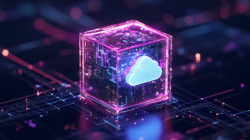 A glowing digital cube with a cloud icon, symbolizing cloud storage technology in a futuristic vector illustration