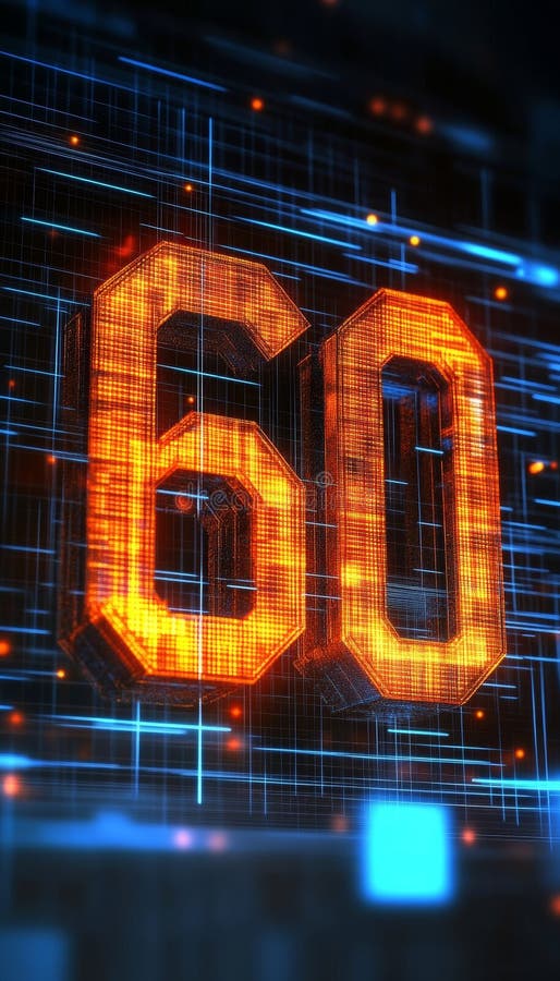 Glowing Digital 3D Number 60 In Futuristic Style. Digital Abstract Technology Background. stock illustration