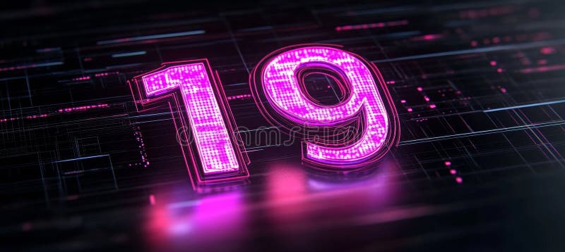 Glowing Digital 3D Number 19 in Futuristic Style on an Abstract Technology Background royalty free illustration