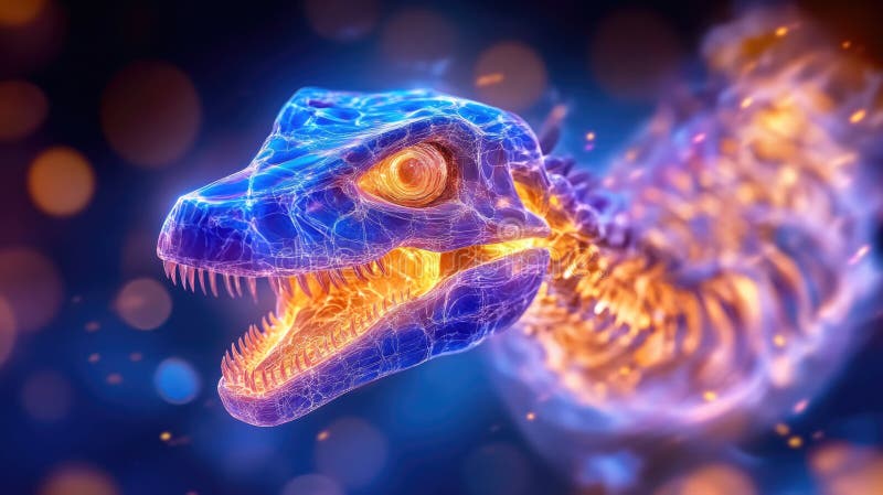 Glowing digital dinosaur skeleton with vibrant neon lights and bokeh vector illustration