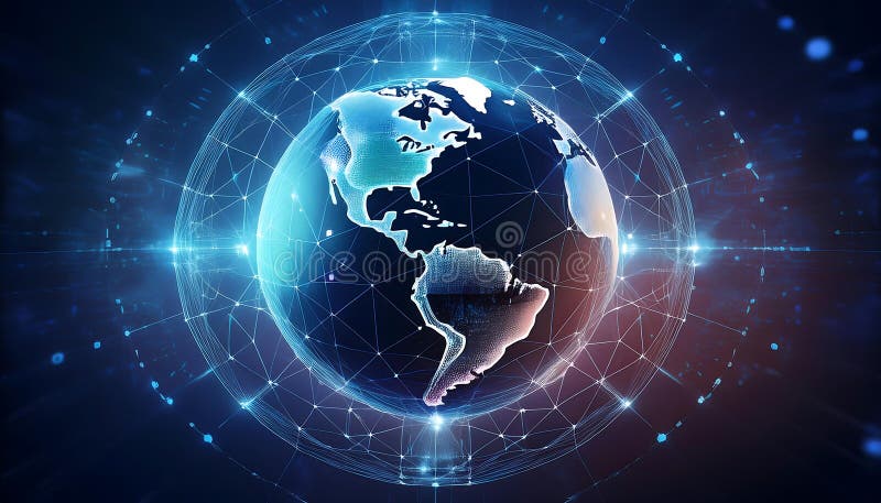 Glowing digital globe with network grid, visualizing global communication and data flow vector illustration