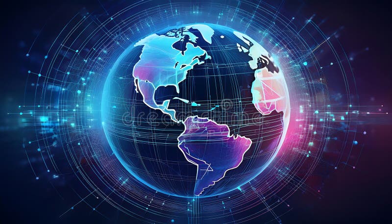 Glowing digital globe with network grid, visualizing global communication and data flow royalty free illustration
