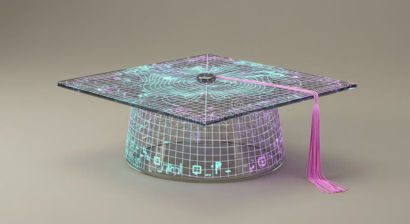 Glowing Digital Graduation Cap with Pink Tassel stock illustration